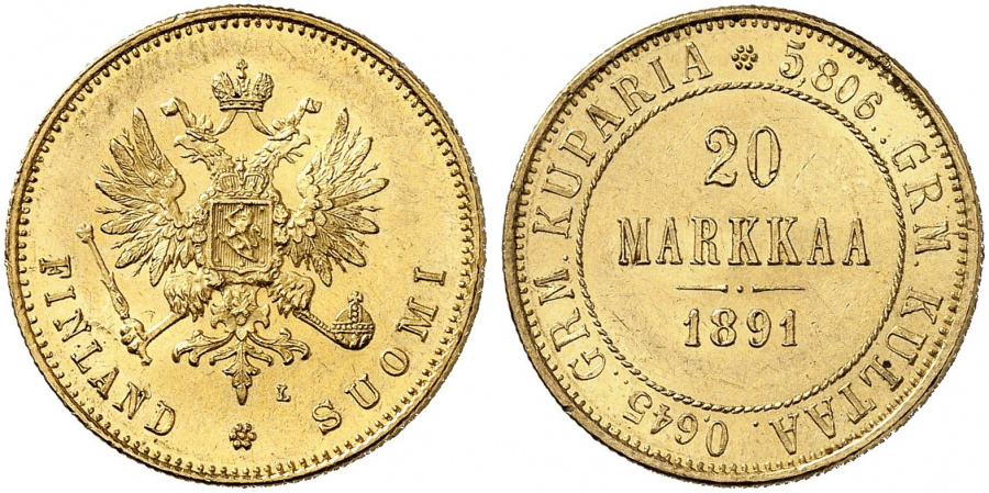 Великое княжество Финляндское, 20 марок 1891 г., золото.