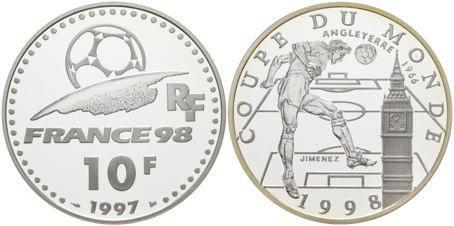 10 франков 1997 г. Франция, Чемпионат мира по футболу 1998 г. во Франции, серебро.