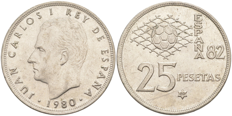 25 песет 1980 г. Испания, Чемпионат мира по футболу 1982 г. в Испании.