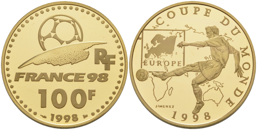 100 франков 1998 г. Франция, Чемпионат мира по футболу 1998 г. во Франции, золото.