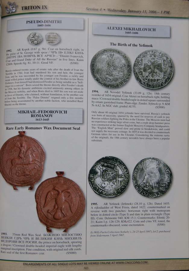 Каталог аукциона Тритон IX, Нью Йорк. Classic Numismatic Group, New York. 10-11 January 2006 in New York. Triton IX. A Highly Important Offering of Russian. 48 Yefimoks from the Fuchs Collection. 36 Platinum Pieces from a North American Collection.