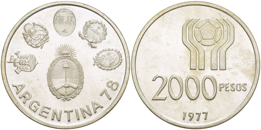 2000 песо 1977 г. Аргентина, Чемпионат мира  по футболу 1978 г. в Аргентине, серебро.
