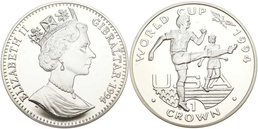1 крона 1994 г. Гибралтар, Чемпионат мира по футболу 1994 г. в США, серебро.