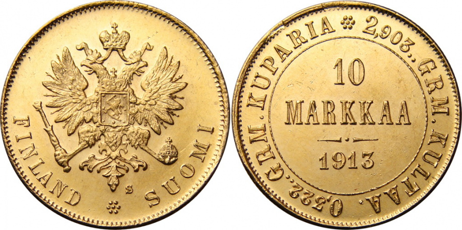 Великое Княжество Финляндское, 10 марок 1913 года, золото.