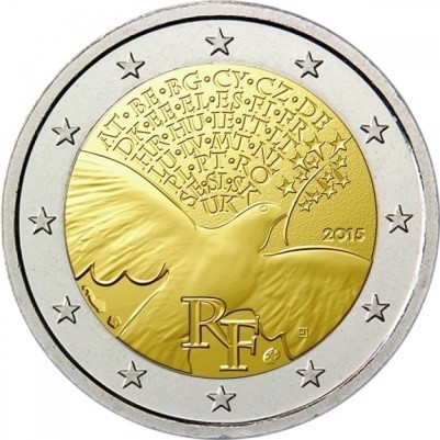 2 евро 2015 г. Франция 70 лет мира в Европе.