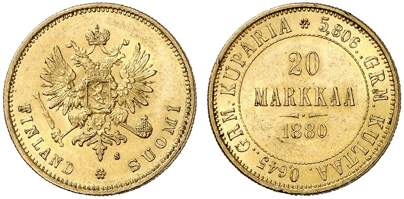 Великое княжество Финляндское, 20 марок 1880 г., золото.
