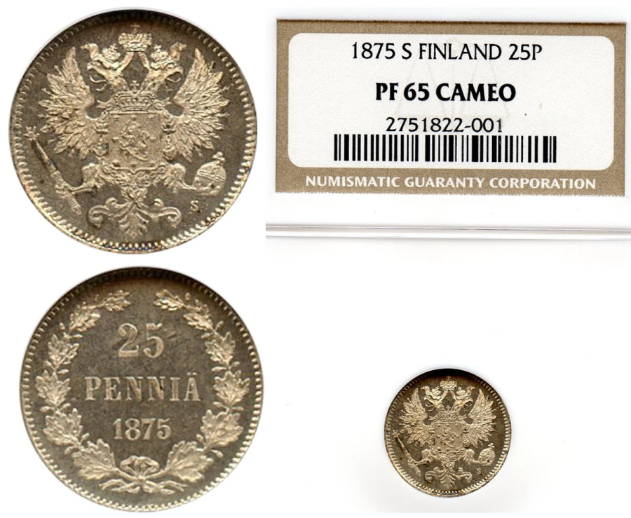 25 пенни 1875 г. S NGC PROOF 65 CAMEO.