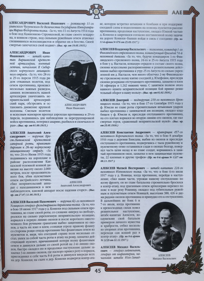 Кузьмин А.В., Мазяркин Г.Н., Максимов Д.Н., Юшко В.Л. "Кавалеры Военного ордена Святого Великомученика и Победоносца Георгия за период с 1914 по 1918 г.". Формат А4, твердая тканевая обложка с золотым тиснением, корешок с золотым тиснением, кофр черного цвета из твердого картона с золотым тиснением, шикарно изданное массивное энциклопедическое издание, 540 с., Москва, 2008 г. Тираж: 350 экз.Издание представляет собой наиболее полный на настоящее время перечень кавалеров Военного ордена Святого Великомученика и Победоносца Георгия, награжденных в период с 1914 по 1918 год - то есть в годы Первой мировой, или как ее раньше называли, Великой войны. В книге впервые приводятся подробные описания конкретных отличий и подвигов. послуживших основанием для награждения орденом Св. Георгия. В издании также помещены портреты кавалеров ордена Св. Георгия (около 15% от общего числа награжденных). Книга может быть использована как справочное пособие и будет интересна всем любителям отечественной истории, музейным работникам, коллекционерам, любителям русской военной старины.