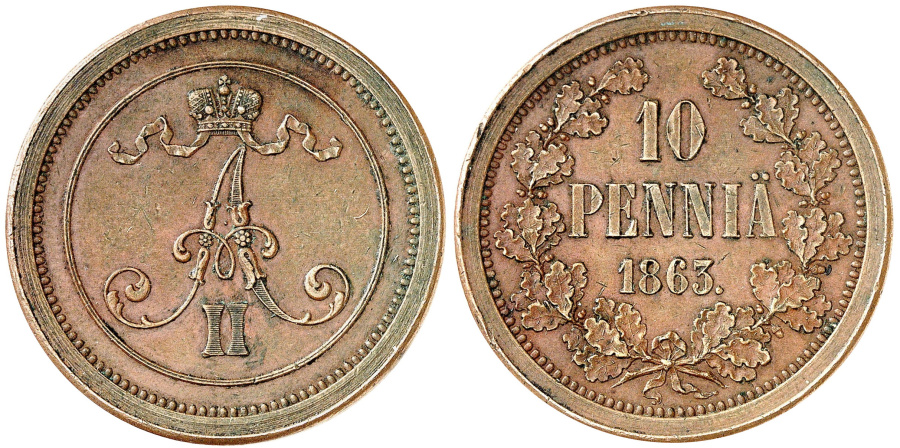 Второй экземпляр монеты 10 пенни 1863 года (фото из аукционного каталога)