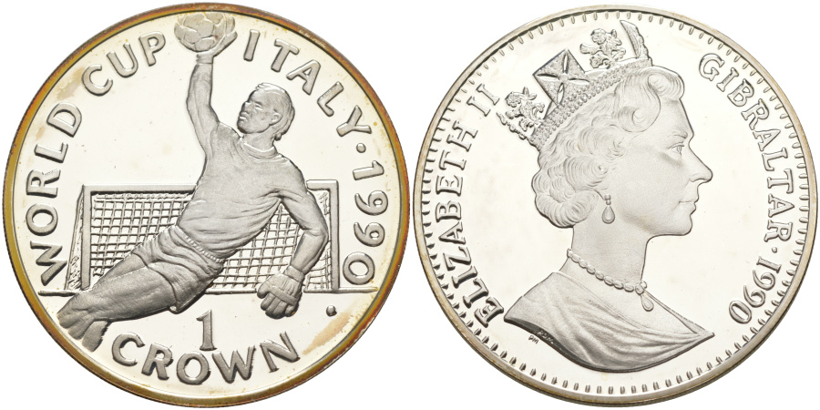 1 крона 1990 г. Гибралтар, Чемпионат мира по футболу 1990 г. в Италии, серебро.&#65279;&#65279;&#65279;