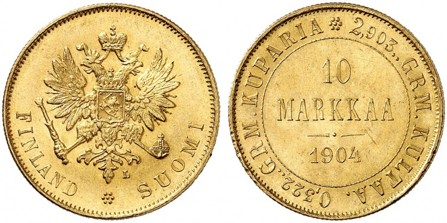 Великое княжество Финляндское, 10 марок 1904 г., золото.