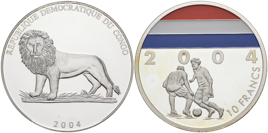 10 франков 2004 г. Демократическая республика Конго, Чемпионат Европы по футболу 2004 г. в Португалии, серебро.  