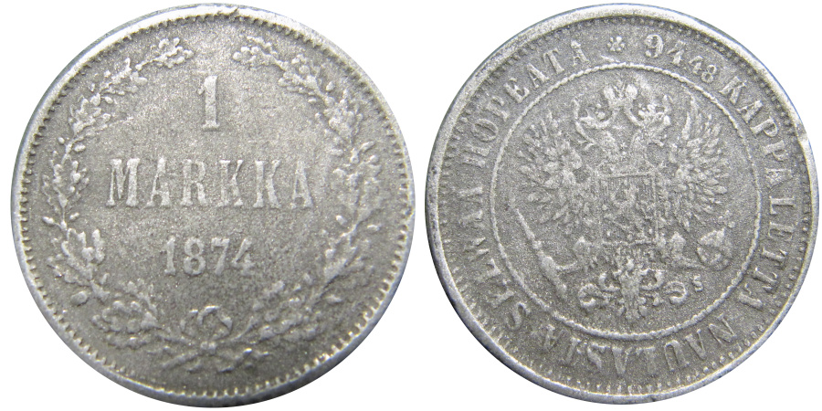 Поддельная монета достоинством в 1 марку 1874 года (масса – 4, 36 г).