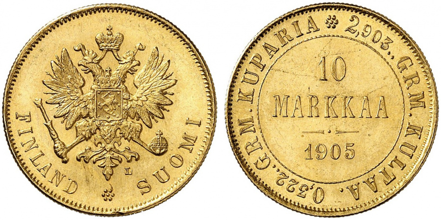 Великое княжество Финляндское, 10 марок 1905 г., золото.