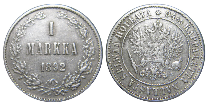 Поддельная монета достоинством в 1 марку 1892 года (масса – 4,40 г).