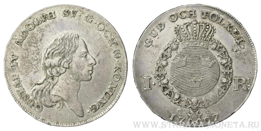 Риксдалер, король Густав IV Адольф, 1797 год, монетный двор Стокгольм, минцмейстер O. Lidjin, тираж 154 517 экз.