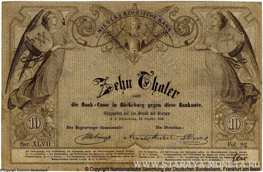 Банкнота - Shaumburg-Lippischen Kassen-Anweissung(Nieders&#228;chsische Bank, Buckerburg Выпуск 1856 года A469 P:S736 10 талеров 1856) (аверс)