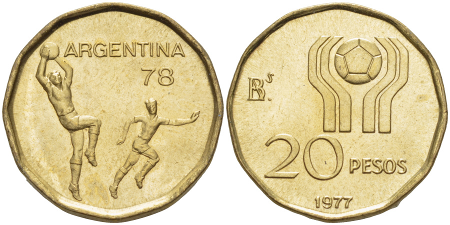 20 песо 1977 г. Аргентина, Чемпионат мира  по футболу 1978 г. в Аргентине, алюминиево-медно-никелевый сплав. 