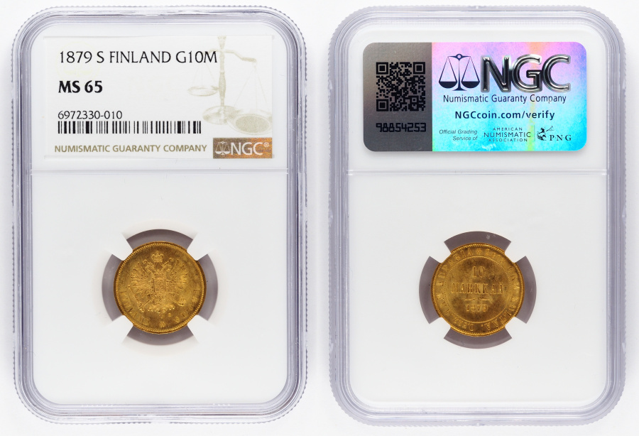 Великое княжество Финляндское, 10 марок 1879 г. S, золото, в слабе NGC MS 65