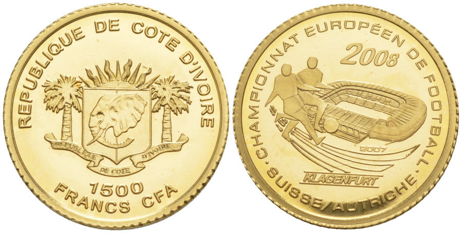 1500 франков CFA 2008 г. Камерун, Чемпионат Европы по футболу 2008 г. в Австрии и Швейцарии, золото.   