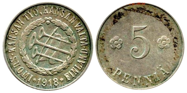5 пенни 1918 года «Красного правительства» в белом металле