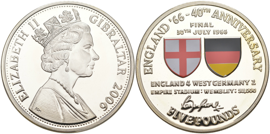 5 фунтов 2006 г. Гибралтар, 40 лет победы сборной Англии на Чемпионате мира по футболу 1966 г., серебро.