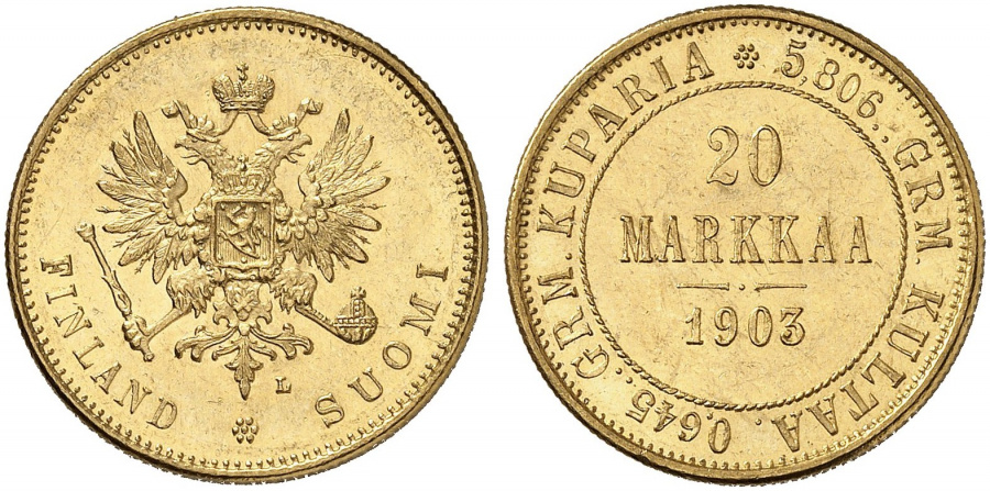 Великое княжество Финляндское, 20 марок 1903 г., золото.