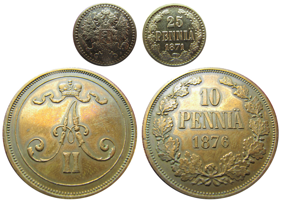 25 пенни 1871 г. S prooflike, 10 пенни 1876 г. prooflike