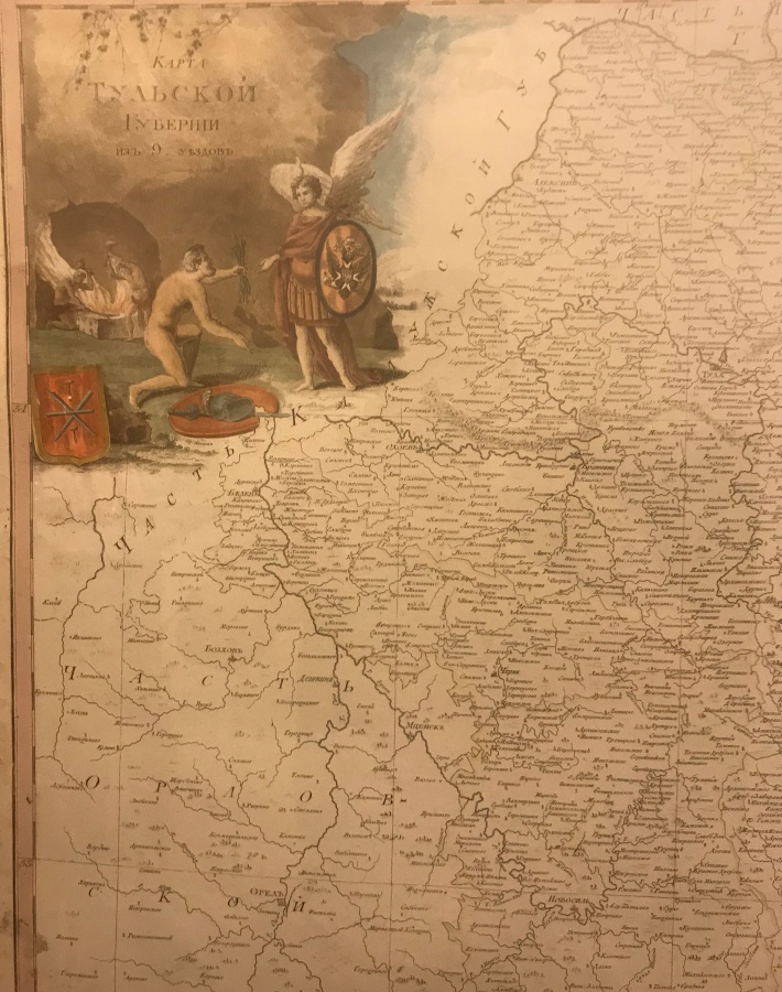 Большая карта Тульской губернии времени правления Императора Павла I 1796-1801, с изображением российского гербового орла с мальтийским крестом на груди (1799-1801 гг.), в массивной раме из натурального дерева, внешние размеры 90х80 см.