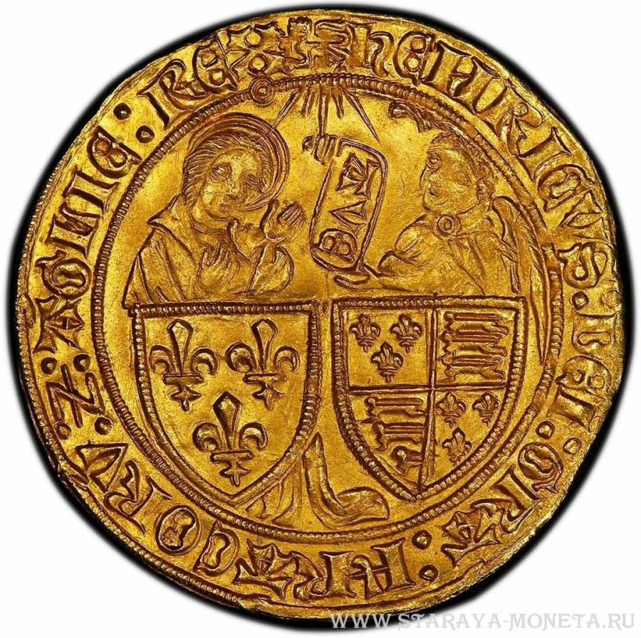 Золотая монета "Salute d'or" Генриха VI, чеканки 1422-1453 годов. Монетный двор - Руан. Золотая монета "Salute d'or" Генриха VI, чеканки 1422-1453 годов. Монетный двор - Руан.