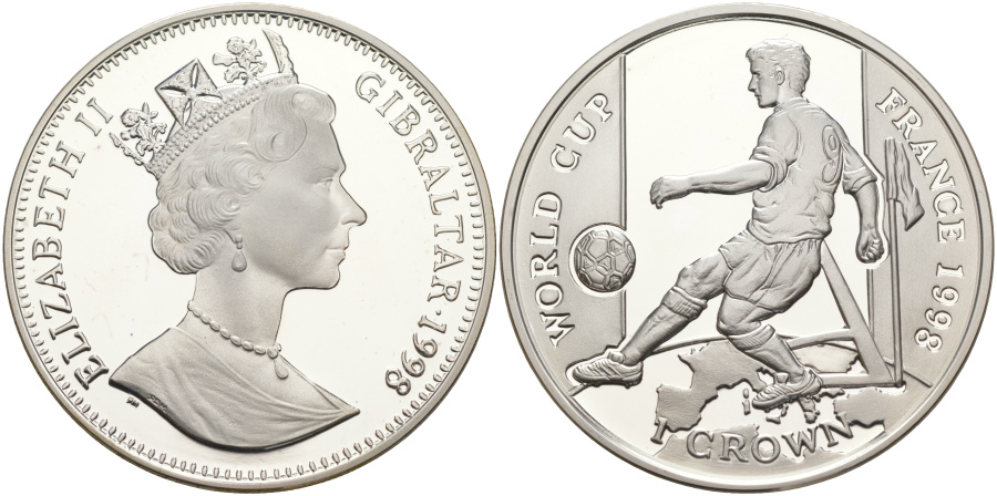 1 крона 1998 г. Гибралтар, Чемпионат мира по футболу 1998 г. во Франции, серебро.