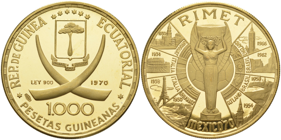 Экваториальная Гвинея, 1000 песет 1970 г., Чемпионат мира по футболу 1970 г. в Мексике, золото