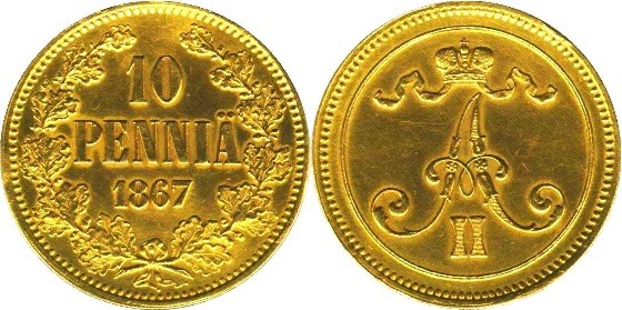 10 пенни 1867 в золоте.