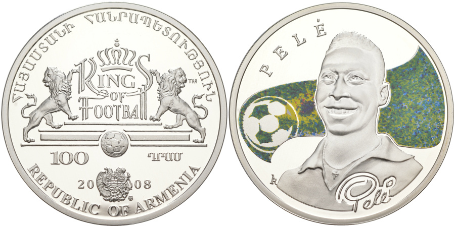 100 драм 2008 г. Армения, Пеле, серебро.