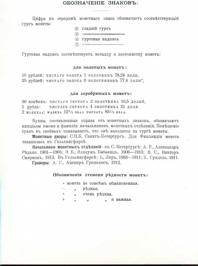 Гаршин М. "Русские монеты. Перечень монет и их разновидностей царствования Императора Николая II, не вошедших в книгу, составленную Х. Гилем и А. Ильиным "Русские монеты 1801-1904" в продолжение этой книги с 1905 по 1915". С приложением 2- таблиц.