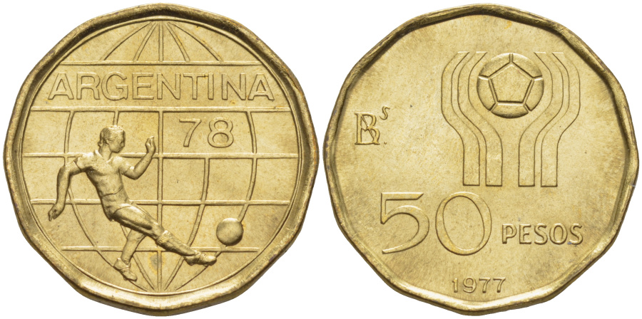 &#65279;&#65279;50 песо 1977 г. Аргентина, Чемпионат мира  по футболу 1978 г. в Аргентине, алюминиево-медно-никелевый сплав.