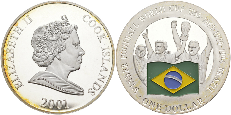 1 доллар 2001 г. Острова Кука, страны-призеры 17-и Чемпионатов мира по футболу 1930-2002 - Бразилия, серебро.