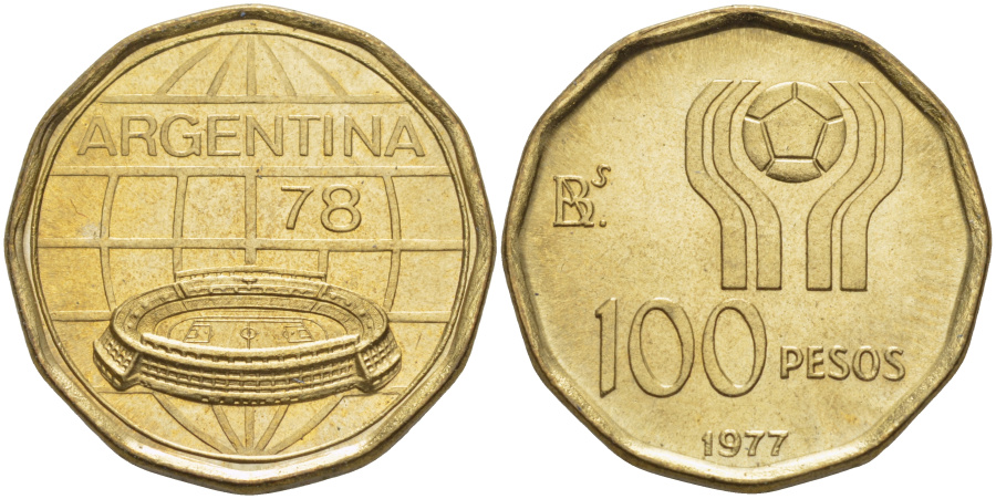 100 песо 1977 г. Аргентина, Чемпионат мира  по футболу 1978 г. в Аргентине, алюминиево-медно-никелевый сплав.