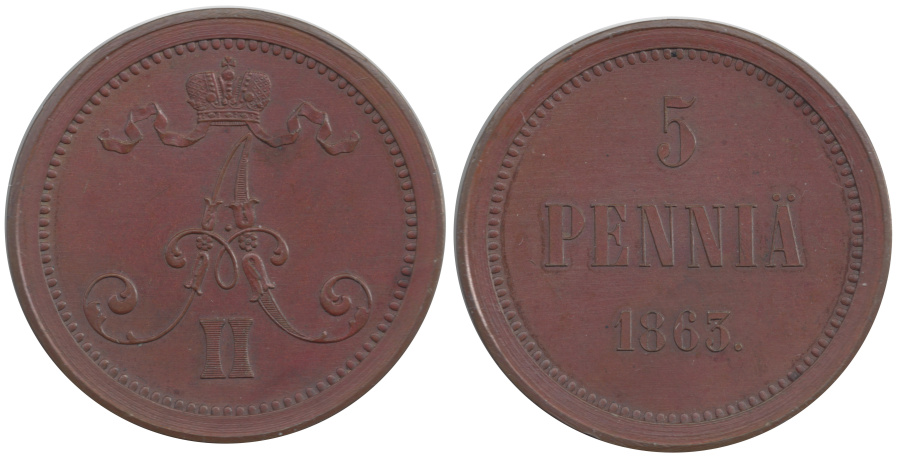 Фото 5 пенни 1863 года, проданной 13.09.1967 (из коллекции М. Видениуса)