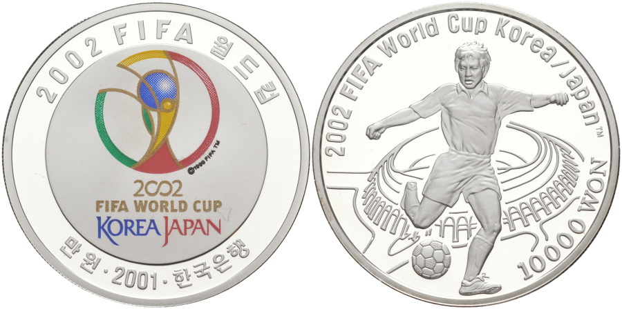 10000 вон 2001 г. Южная Корея, Чемпионат мира по футболу 2002 г. в Южной Корее и Японии, серебро.