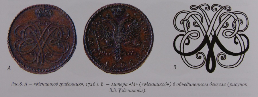 А — «Меншиков гривенник», 1726 г. В — литера «М» ("Меншиков") в объединенном вензеле (рисунокВ.В. Узденикова).