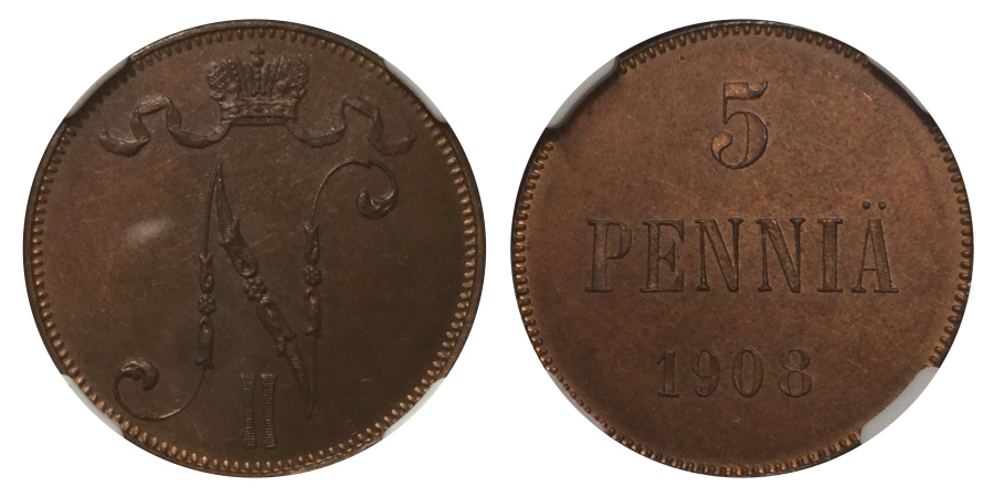 5 пенни 1908 года из собрания Л. Сёдермана.