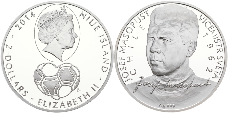 2 доллара 2014 г. Ниуе, "Легенды чешского футбола" - Масопуст, серебро.