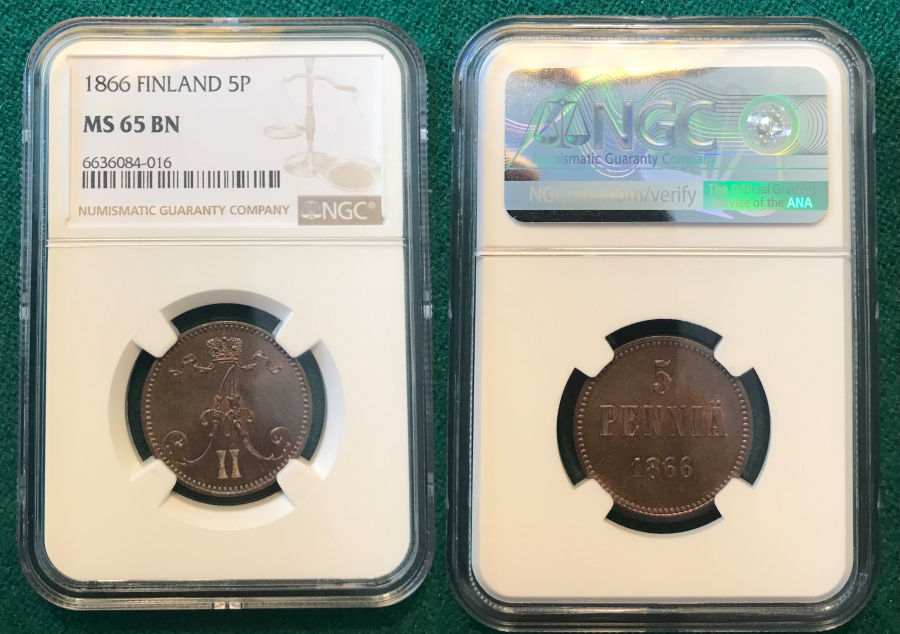 Великое княжество Финляндское, 5 пенни 1866 г, в слабе NGC MS 65 BN ТОП-ГРЕЙД (единственный экземпляр).