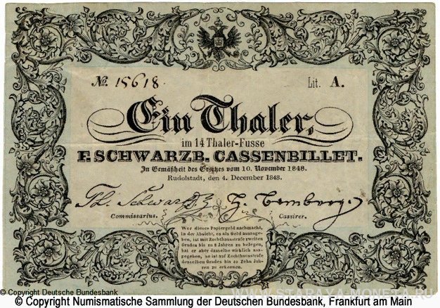 Банкнота - Княжества Шварцбург-РудольштадтStaatsministerium F&#252;rstentum Schwarzburg-Rudolstadt. A496 P:S776 1 талер 1848 (аверс)