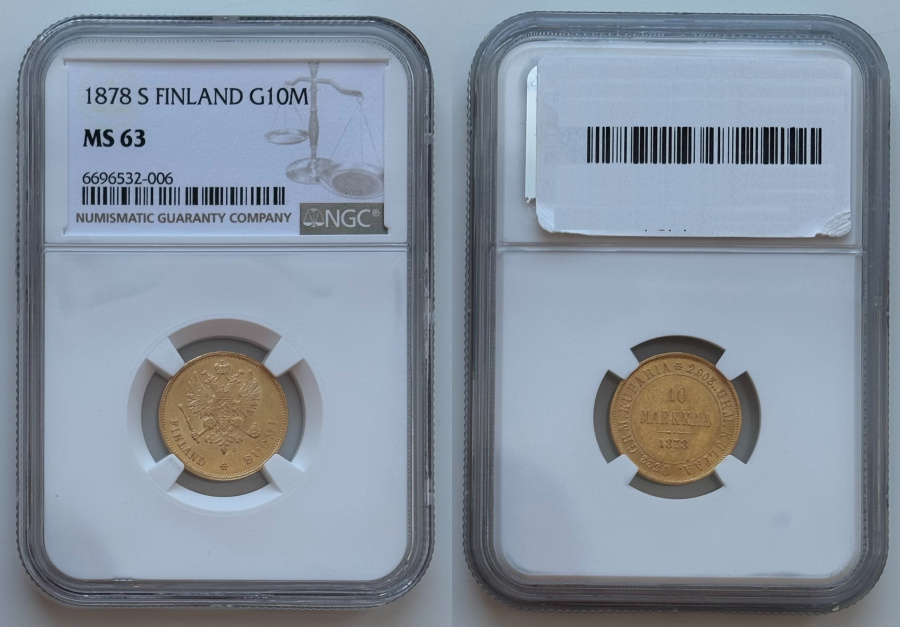 Великое княжество Финляндское, 10 марок 1878 г. S, золото, первый год чеканки, в слабе NGC MS 63