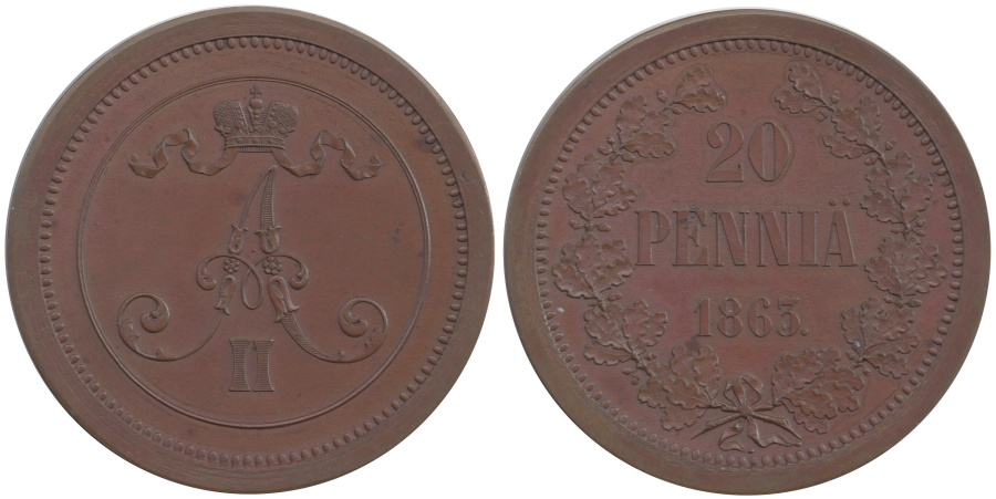 Фото 20 пенни 1863 года, проданной 13.09.1967 (из коллекции М. Видениуса)