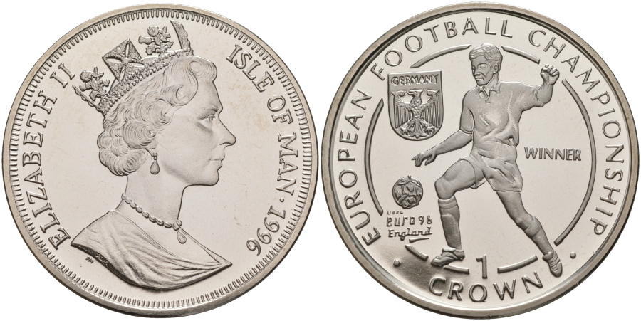 Фото № 33. 1 крона 1996 г. Остров Мэн, Чемпионат Европы по футболу 1996 г. в Англии, "Германия - победитель", медно-никелевый сплав.  