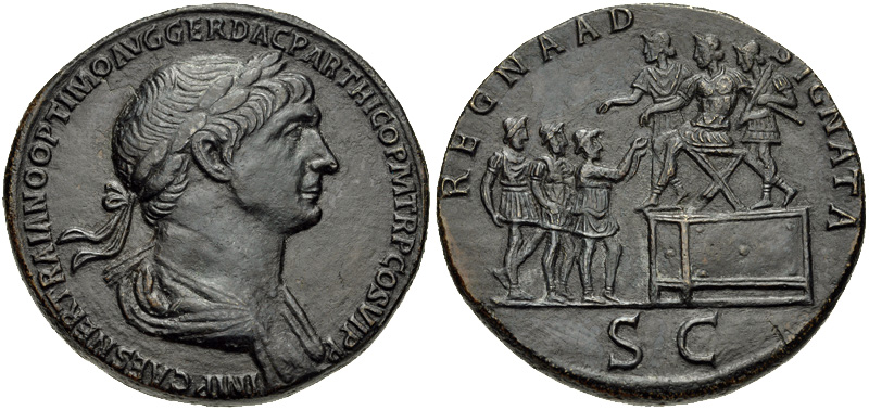 Механически обработанная поверхность (англ.Tooled and smoothed). Траян, 98–117 годы, сестерций.