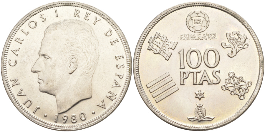 100 песет 1980 г. Испания, Чемпионат мира по футболу 1982 г. в Испании.